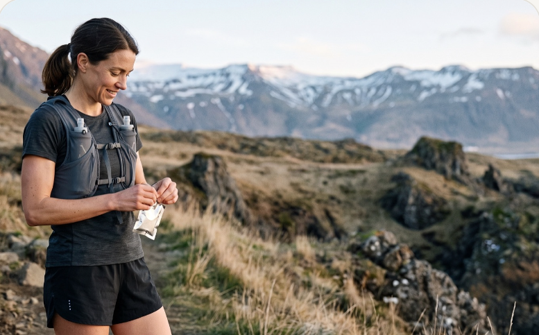A trail runner taking a gel in the mountains