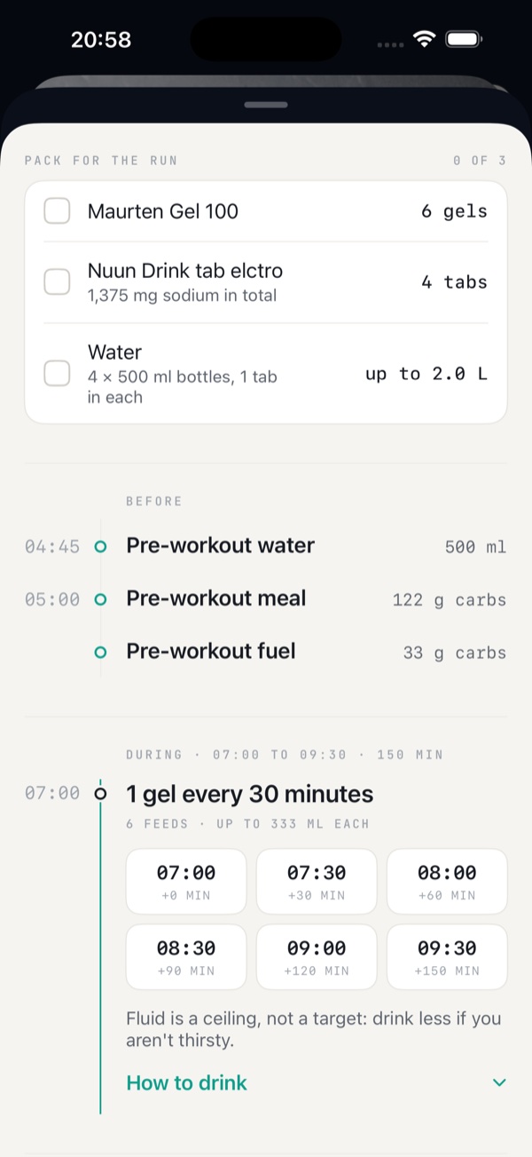 KEXBI workout fuel plan showing what to pack and when to take fuel
