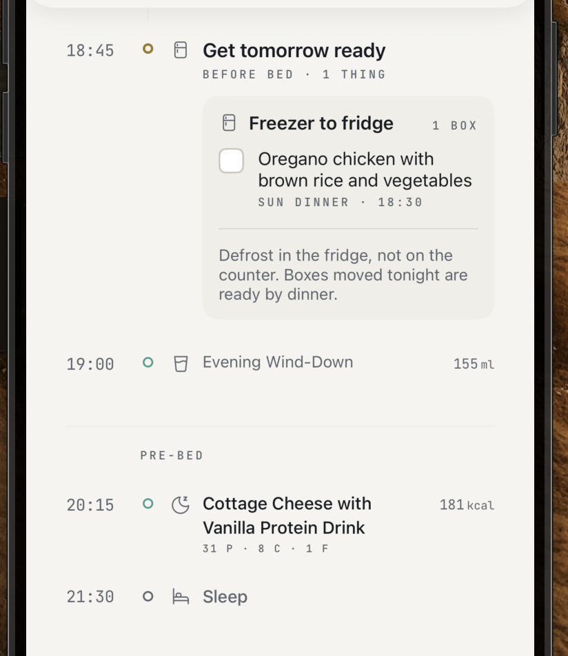 Actual evening reminder to move tomorrow’s meal from freezer to fridge