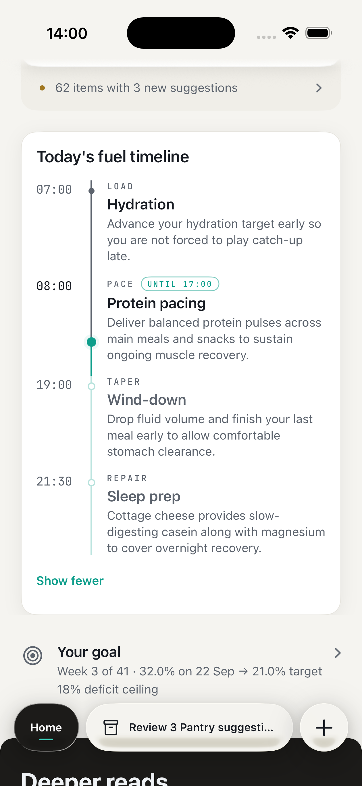 KEXBI daily fuel timeline showing hydration, protein pacing, wind-down and sleep preparation