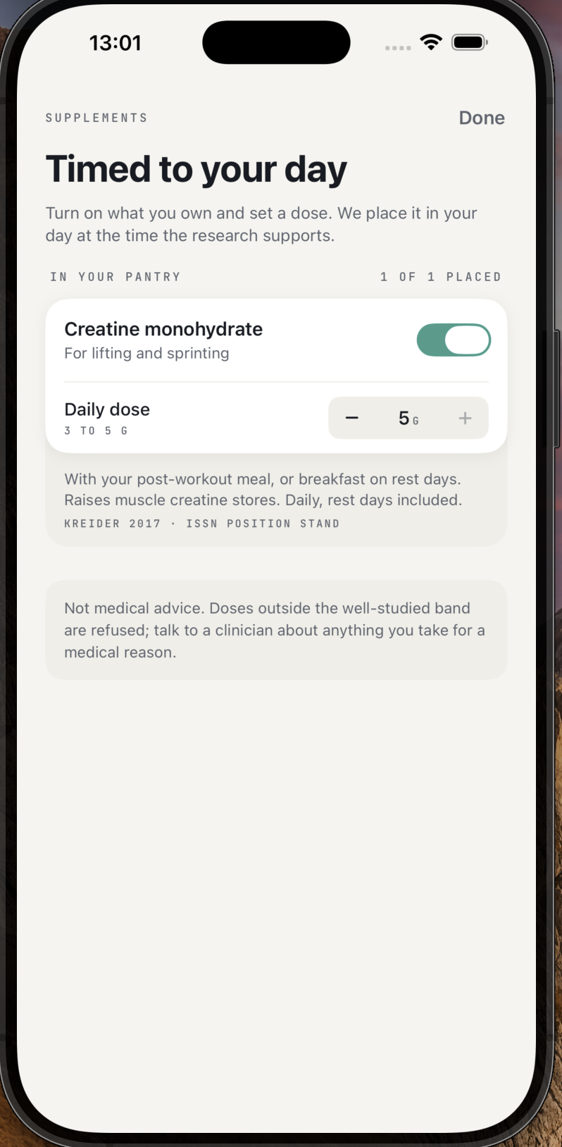 Actual iOS Supplements settings with creatine enabled and a 5 gram daily dose