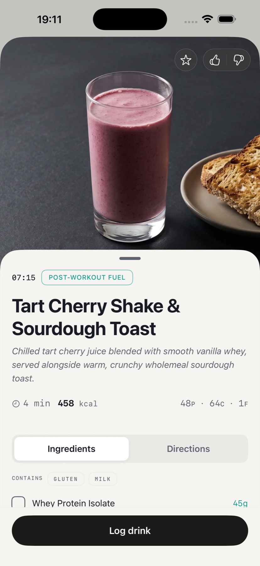 Actual KEXBI meal screen: Tart Cherry Shake and Sourdough Toast, with the meal photograph, preparation time and nutrition