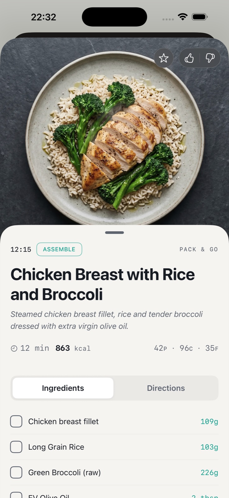 KEXBI Chicken Breast with Rice and Broccoli meal showing the food, preparation time and ingredients