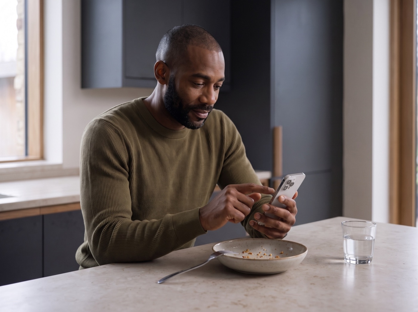 Man using his phone after finishing a meal in his kitchen