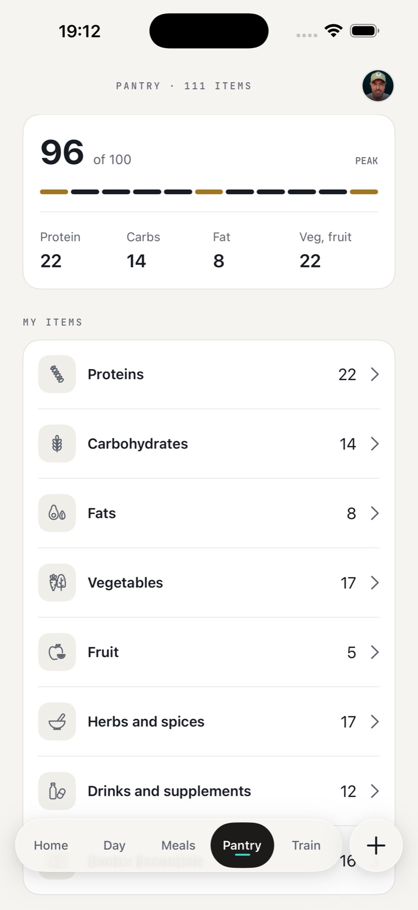 KEXBI Pantry overview showing food categories, herbs and spices, and selected items