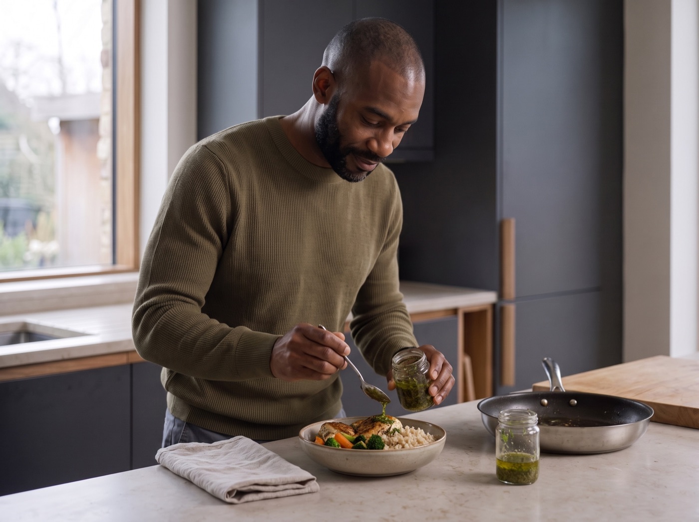 Man finishing a homemade meal in his kitchen