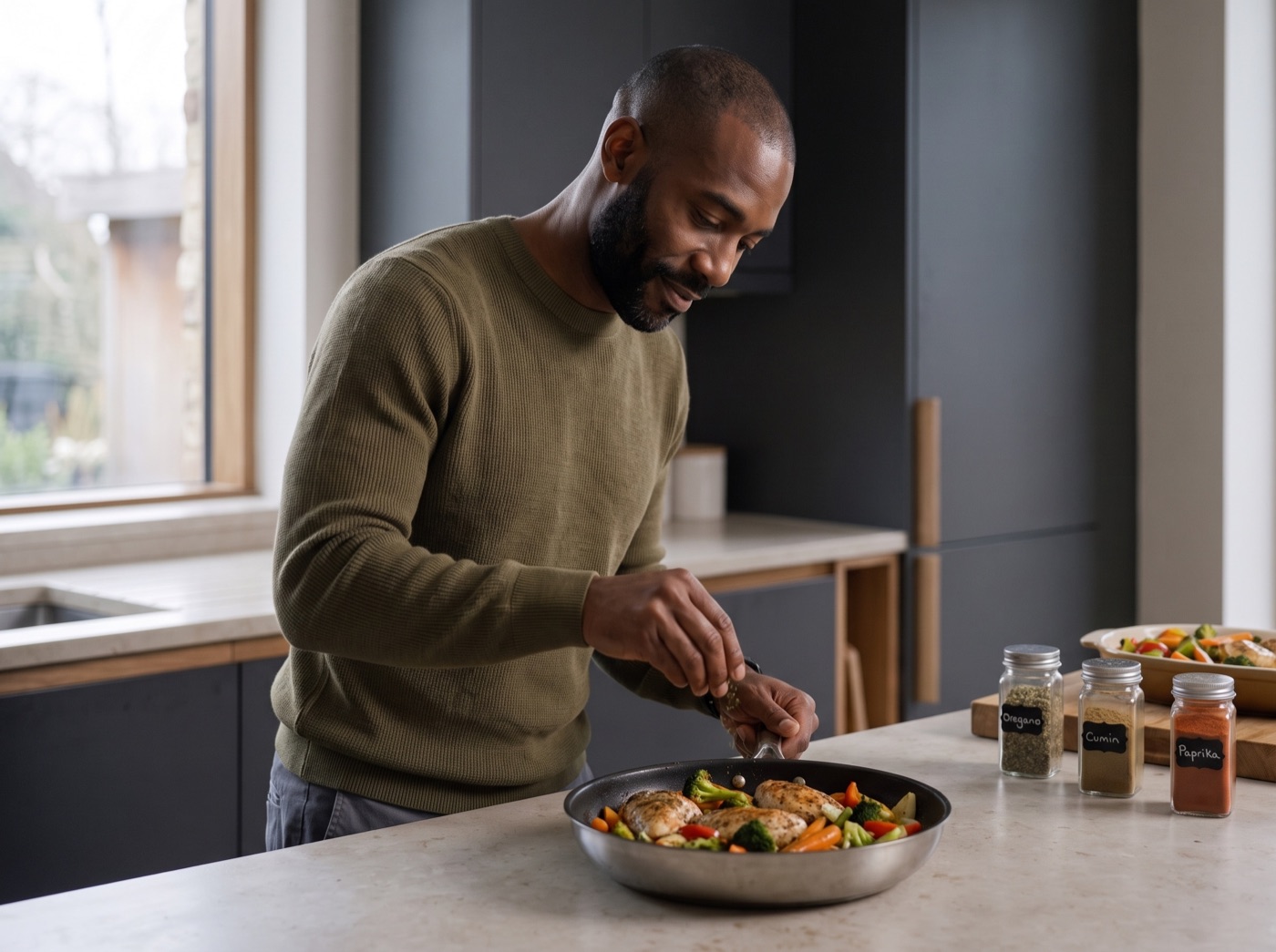 Man adding herbs and spices to a meal in his kitchen