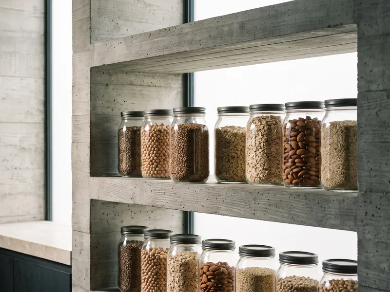 Glass jars of everyday ingredients on concrete pantry shelves