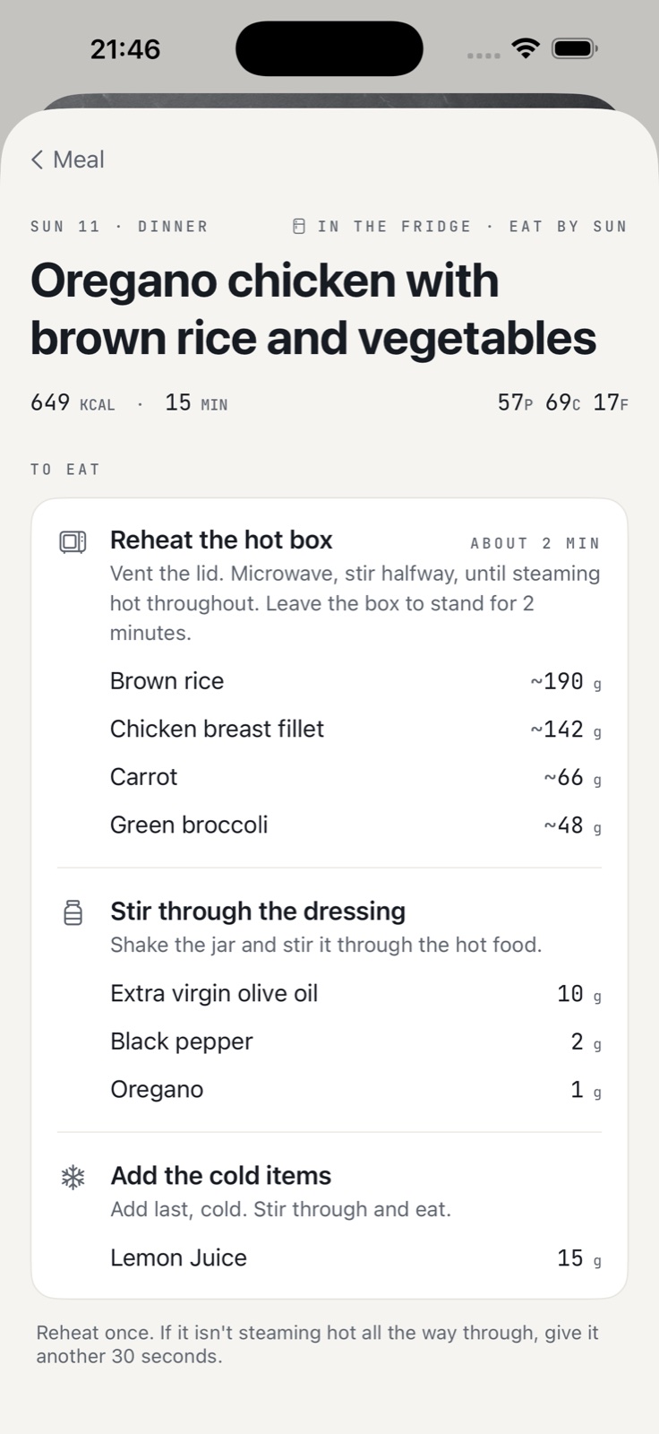 KEXBI instructions for reheating oregano chicken, stirring through the dressing and adding cold items