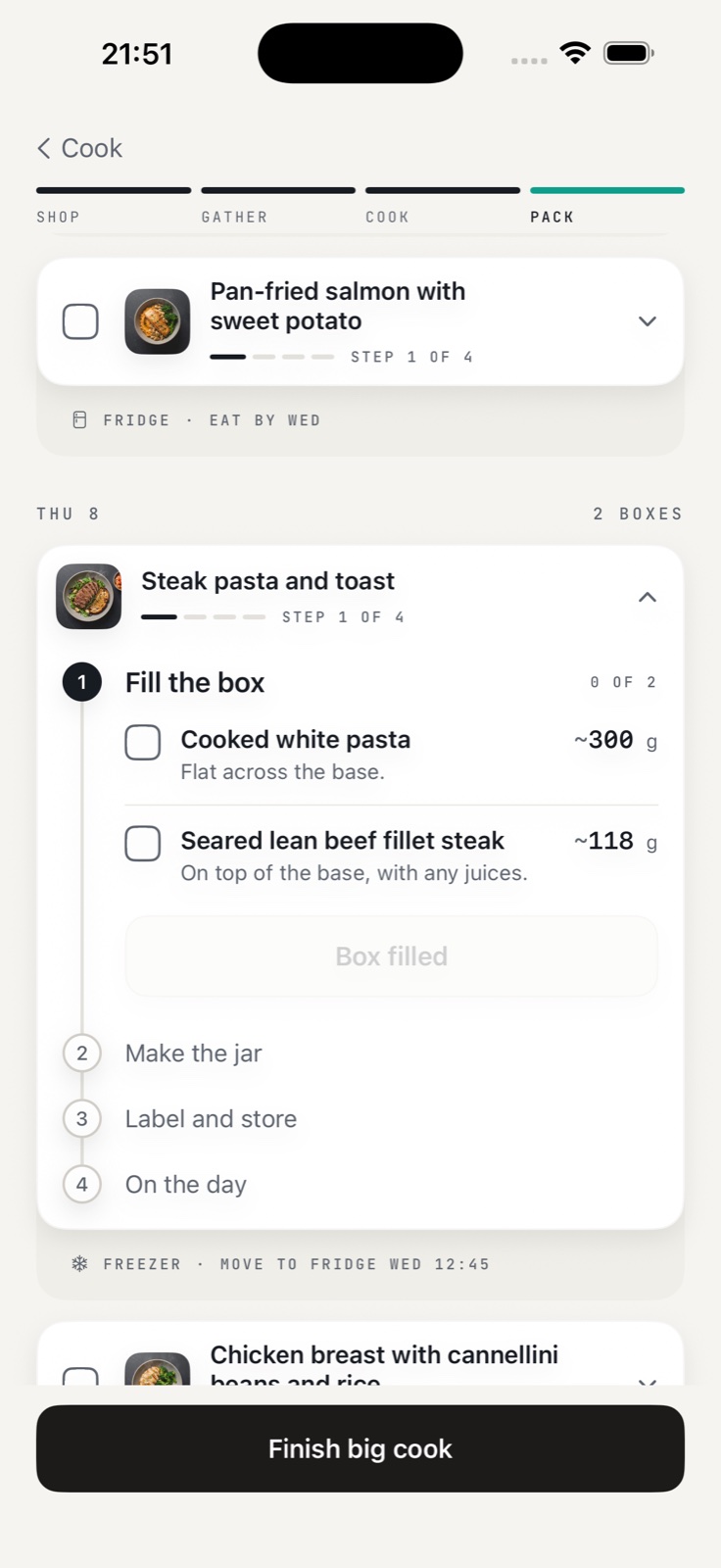 KEXBI packing steps showing cooked portions, jar preparation, storage and the move-to-fridge reminder