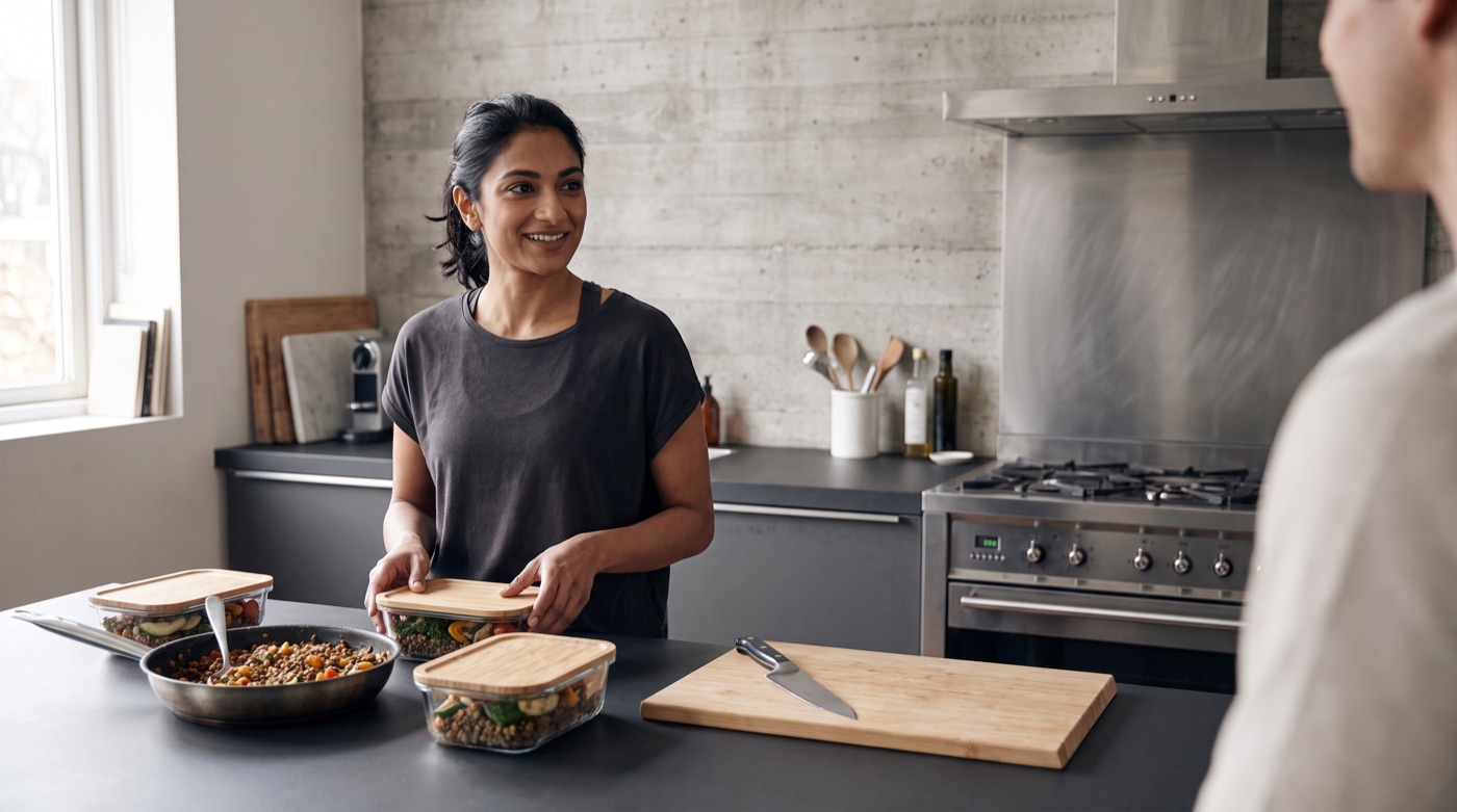 Woman preparing individual meals in her kitchen