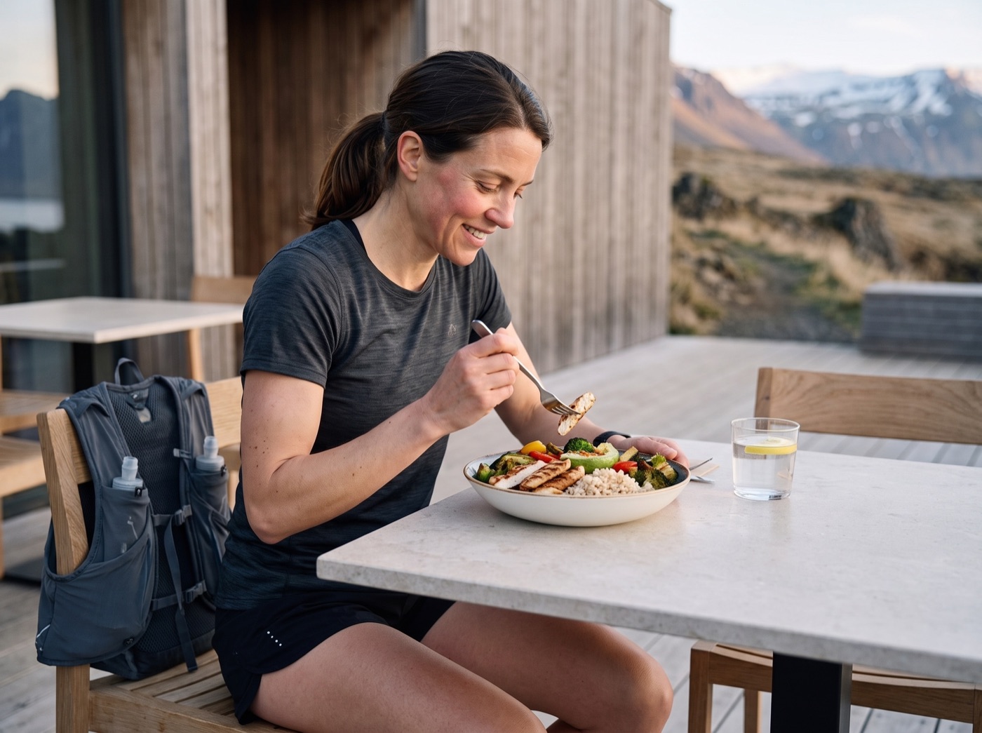 The same trail runner enjoying a meal and water after her run