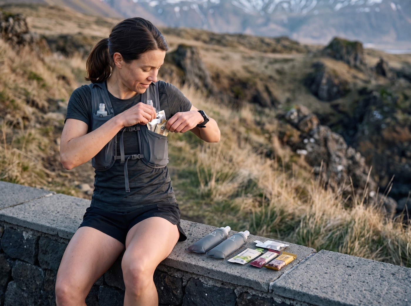 Trail runner packing fuel into her hydration vest before setting off