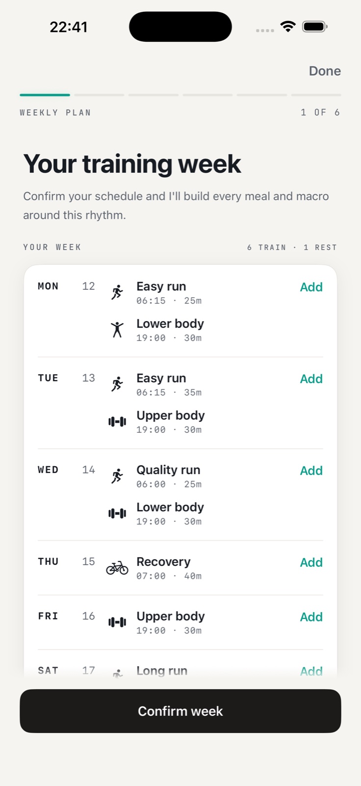 KEXBI weekly plan showing runs, strength sessions and a recovery ride before confirming the training week