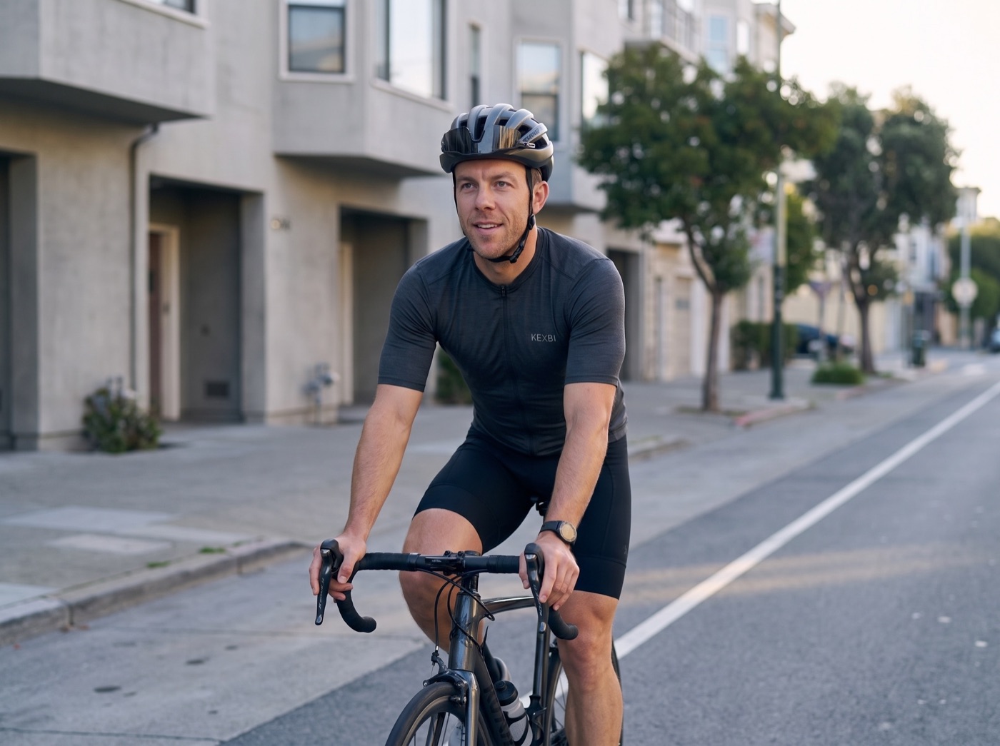 The same athlete taking an easy recovery ride through his neighbourhood