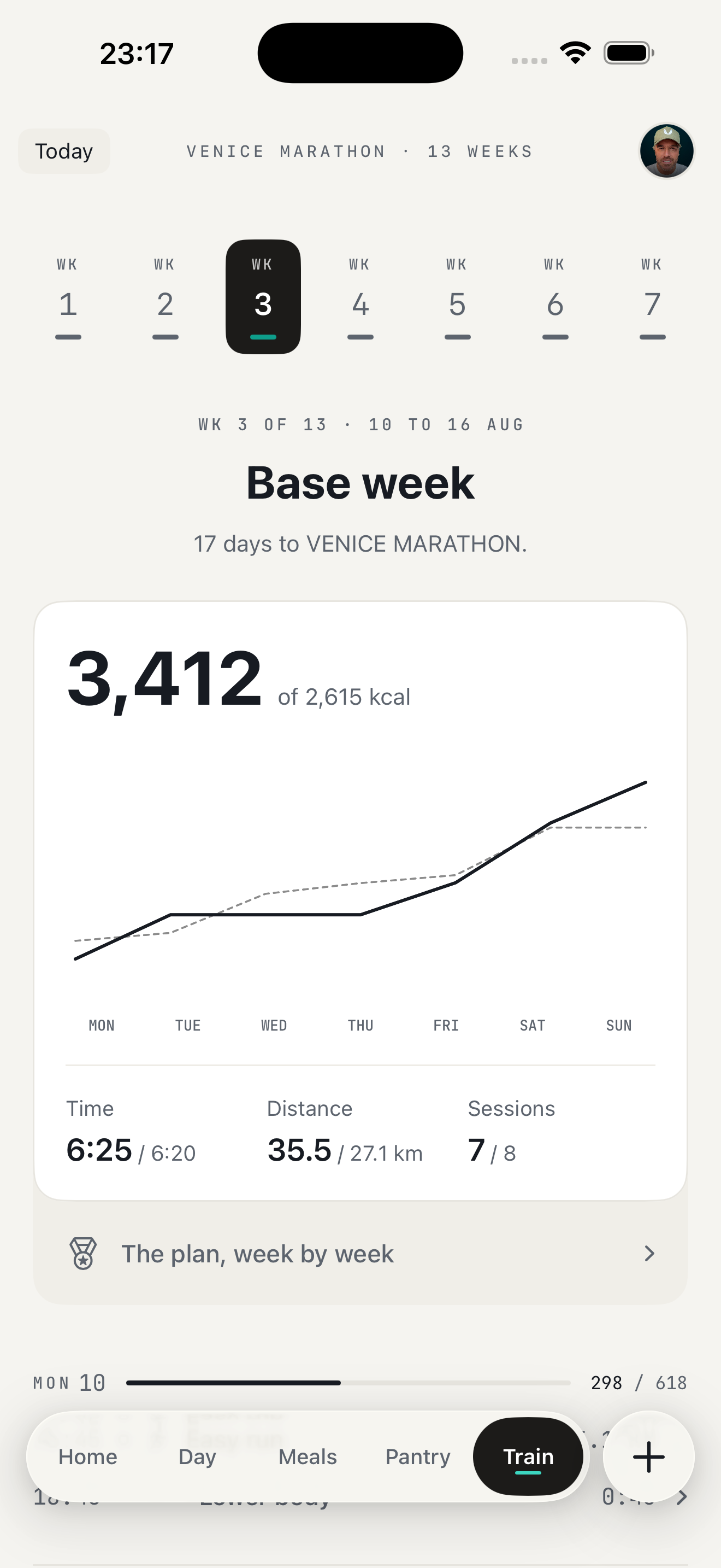 KEXBI training week showing recorded time, distance and workouts against the plan