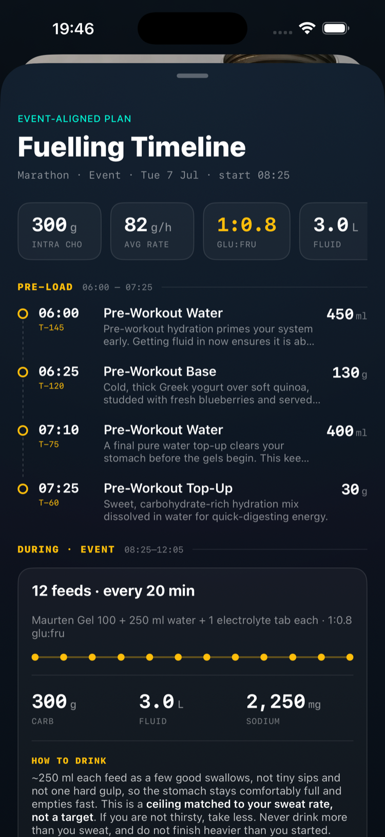 KEXBI in-app fuelling timeline for a marathon: pre-load feeds and timed during-event gels, each dose held under the gut absorption ceiling
