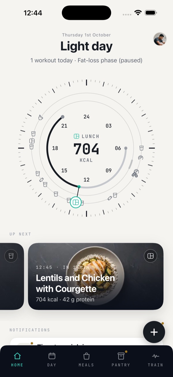 KEXBI Home screen showing the next steps in the daily plan
