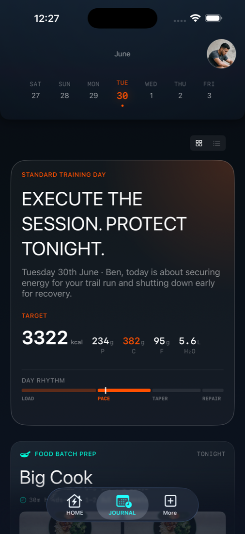 The journal screen showing the day's logged meals and moments
