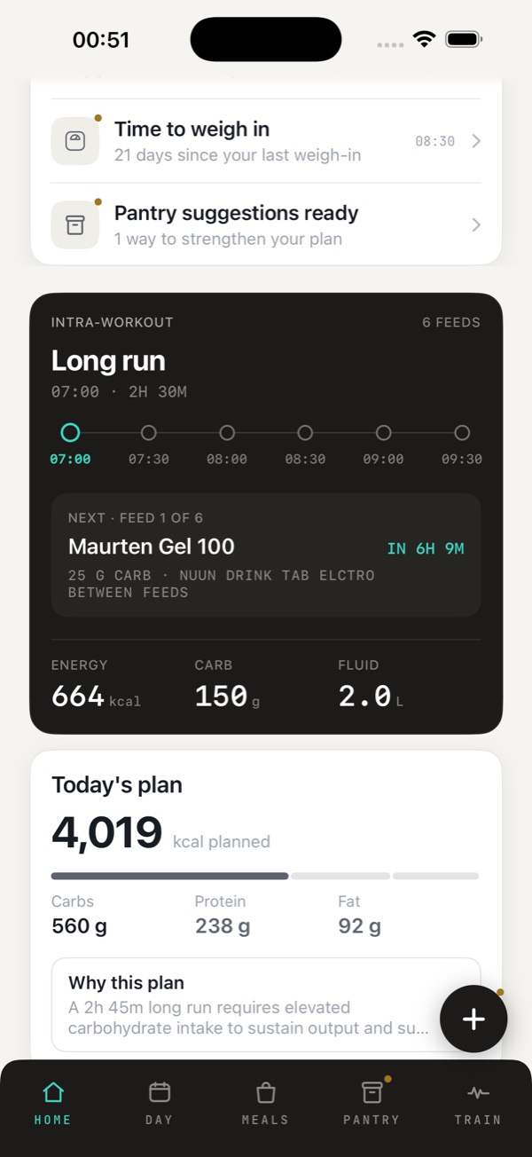 KEXBI long-run example with six timed feeds, the next fuel product and workout totals