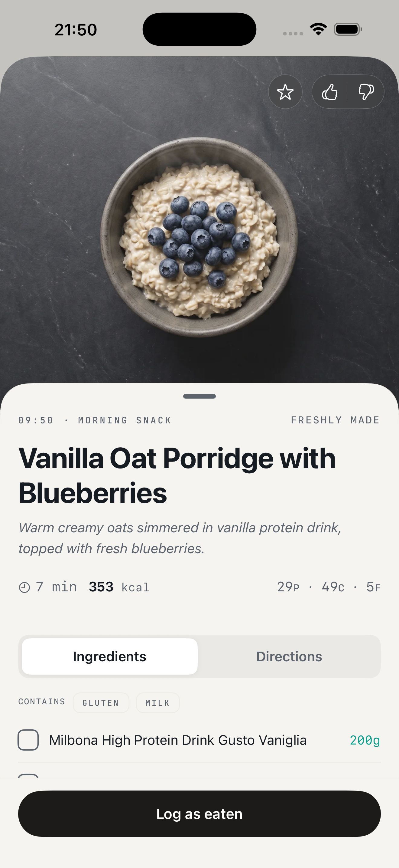 Vanilla oat porridge with blueberries from a saved KEXBI plan