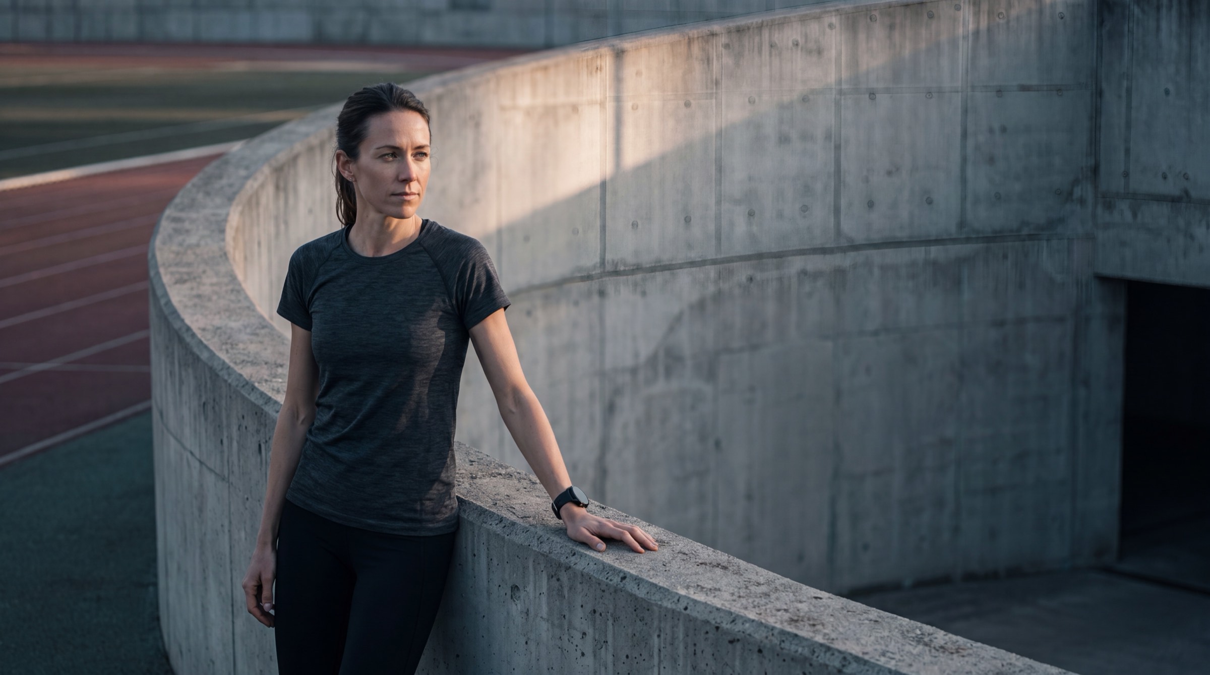A runner pausing by the track between workouts
